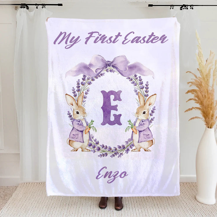 Personalized Easter Watercolor Bunny Bow Wreath Blanket