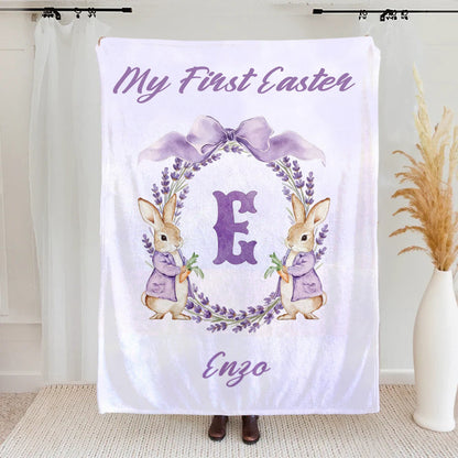 Personalized Easter Watercolor Bunny Bow Wreath Blanket