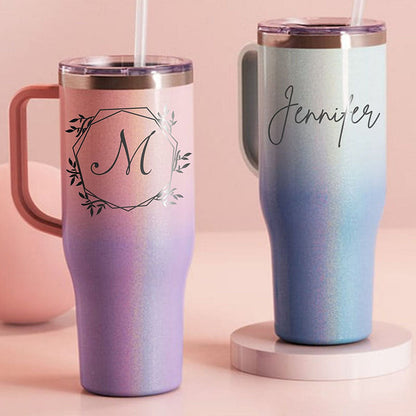 Personalized 40oz Tumbler With Handle, Lid and Straw, Stainless Steel Engraved Tumbler
