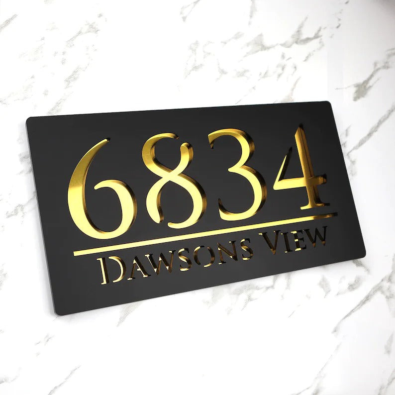 Laser Cut Matt Black & Gold Mirror Floating House Sign Door Address Laser Number Plaques