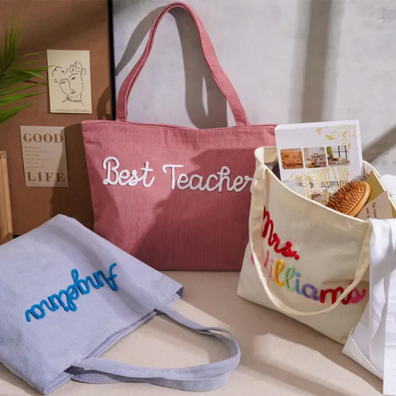 Personalized Corduroy Teacher Tote Bag,Hand Crochet Name Zipper bag