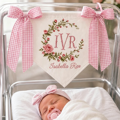 Personalized Baby Banner with Birth Name Tag, Welcome Banner with Floral Crest, Bows Baby Banner