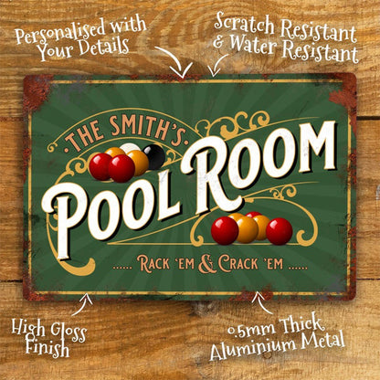 Personalised Snooker Room Metal Sign Games Room Wall Door Decor Accessory