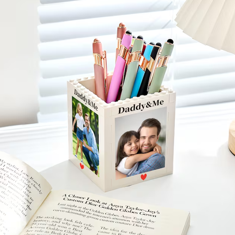 Personalised Daddy & Me Brick Photo block Pencil Pot