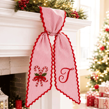 Personalized Christmas Wreath Sash, Pink Stripe Monogram Door Bow