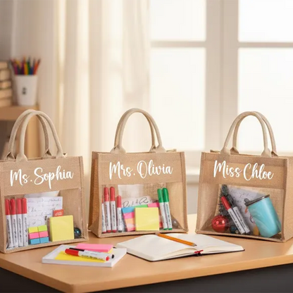 Personalized Teacher Tote Bag, Clear Window Burlap Totes,