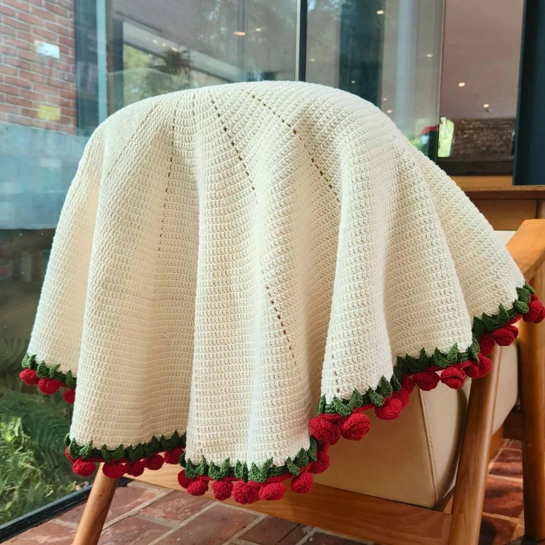Personalized Crochet Rose Bouquet Blanket: Embroidered Name, Cotton Throw