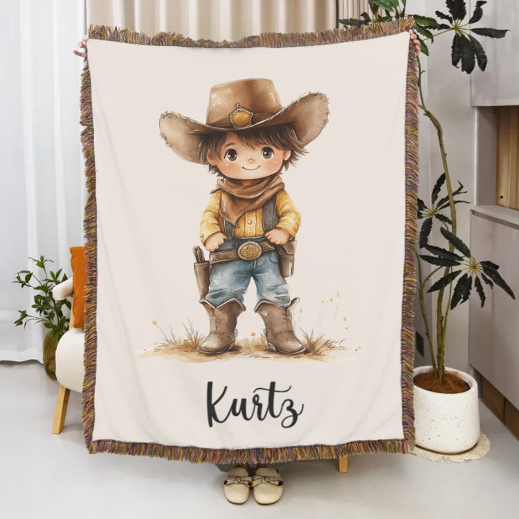 Personalized Cartoon Cowboy Tassel Blanket with Name