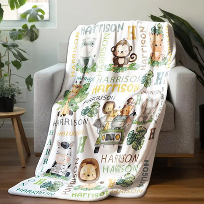 Personalized Safari Animal Blanket Boy, Baby Name Blanket