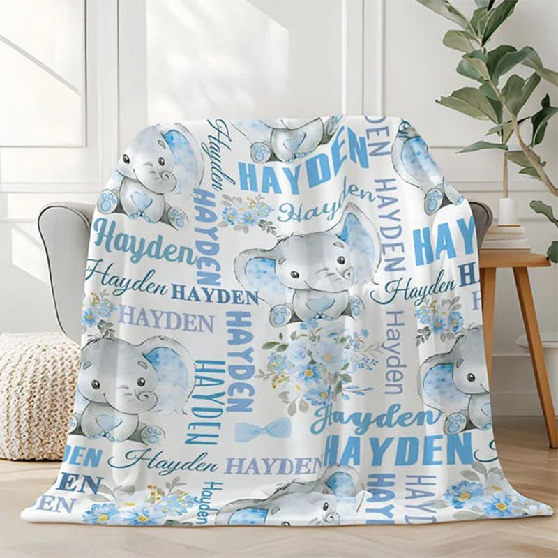 Personalized Cute Pink Blue Floral Elephant Blanket