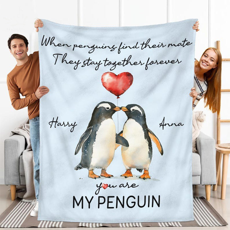 Personalized Valentine Couple Penguin Throw Blanket