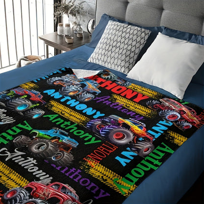 Custom Name Anthony Monster Truck Flannel Throw Blanket