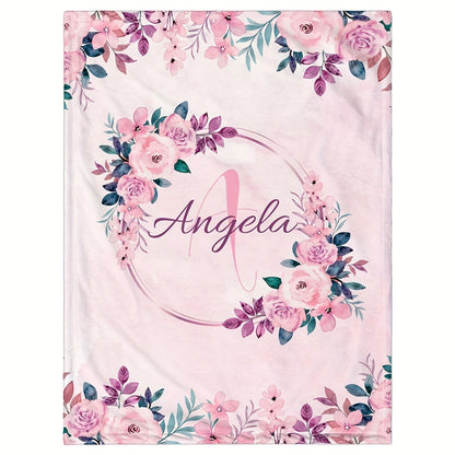 Personalized Pink Floral Name Blanket - Flannel Throw with Custom Monogram