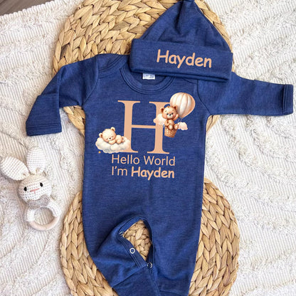 Personalized baby coming home outfit, romper hat set,