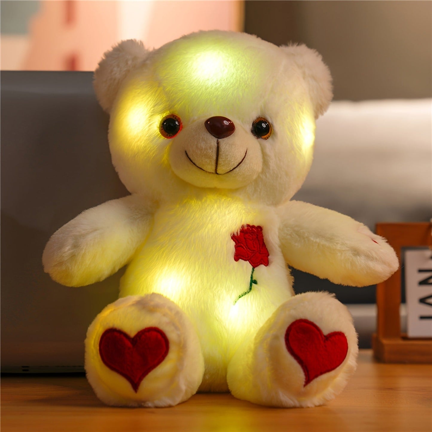 LED Bear Plush with Heart & Rose - Soft Cuddly Stuffed Animal