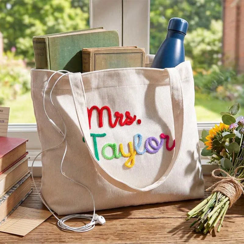 Personalized Corduroy Teacher Tote Bag,Hand Crochet Name Zipper bag