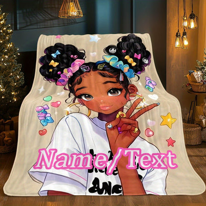 Personalized Custom Name Anime Girl Peace Sign & Anime Characters Fleece Blanket