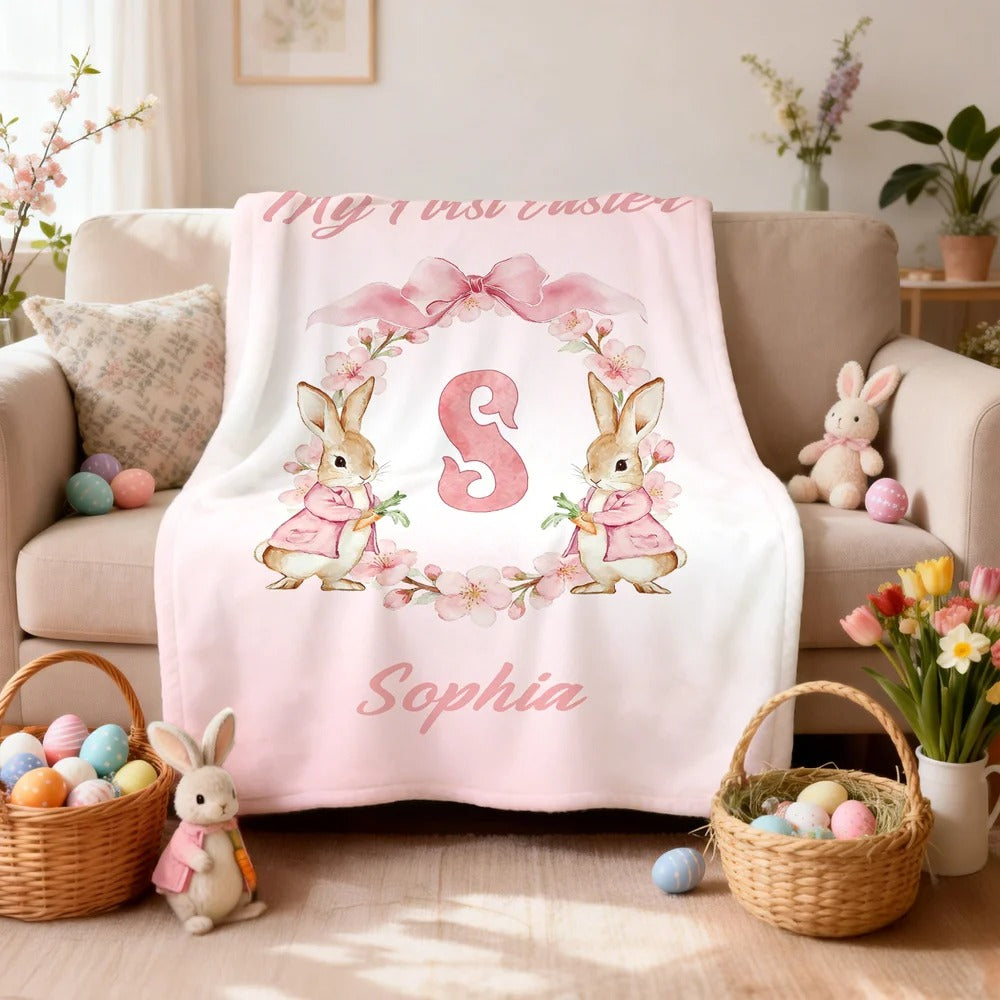 Personalized Easter Watercolor Bunny Bow Wreath Blanket