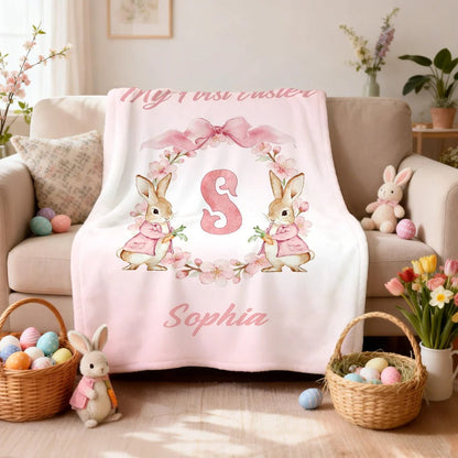 Personalized Easter Watercolor Bunny Bow Wreath Blanket