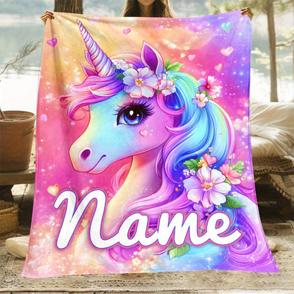 Custom Name Beautiful Dazzling Flower Unicorn Print Portable Blanket