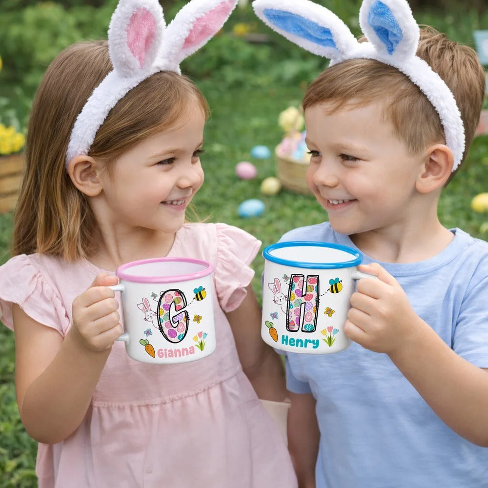 Personalized Cartoon Bunny Easter Eggs Initial 12 oz Enamel Mug