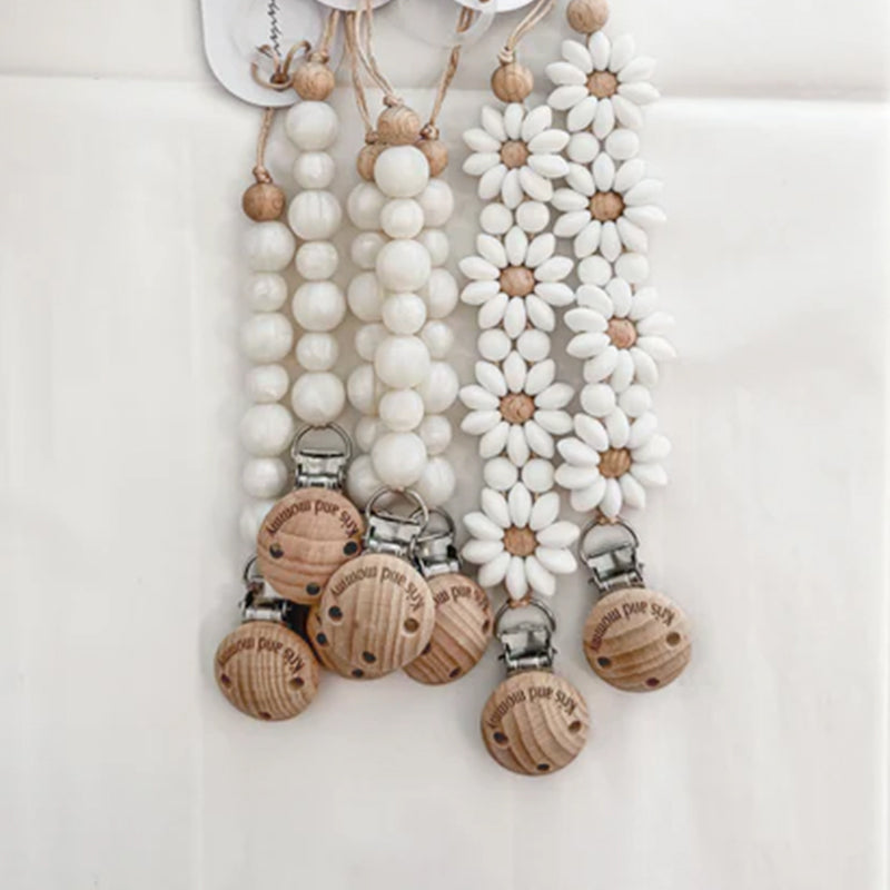 Personalized Flower Beaded Pacifier Clip Wooden Engraving