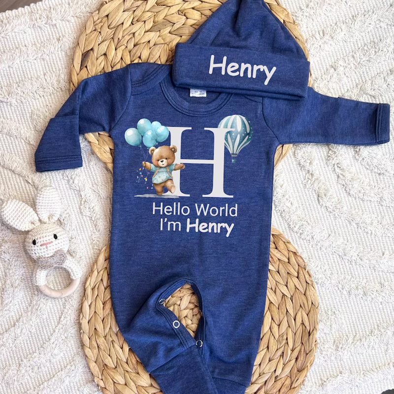 Personalized baby coming home outfit, romper hat set,