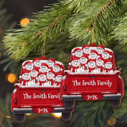 Custom Snowman Family Christmas Ornament, Red Truck Flat Ornament