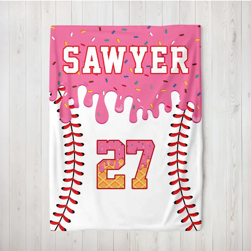 Custom Baseball Drip Blanket, Personalized Ice Cream Drip Baseball Blanket