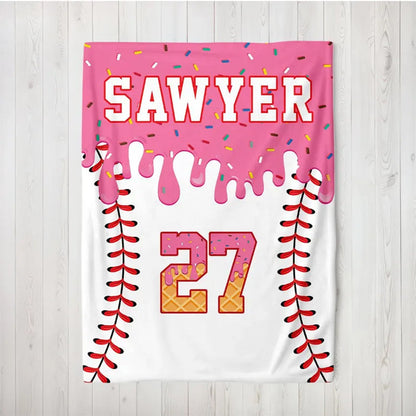 Custom Baseball Drip Blanket, Personalized Ice Cream Drip Baseball Blanket