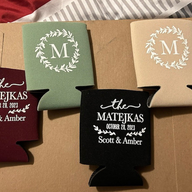 Personalized Floral Wreath Wedding Favor Can Cooler
