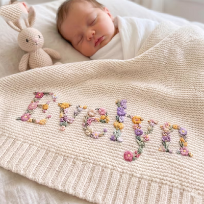 Custom Floral Baby Name Blanket, Newborn Hospital Gift,  Custom Baby Gift