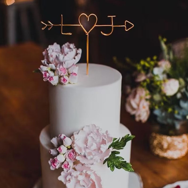 Arrow Initials Cake Topper Rustic Wire Personalized Custom Chic Name Wedding Heart Reusable Metal Industrial Copper Gold Elegant Simple