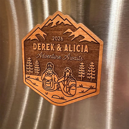 Personalized Hiking Couple Wood Magnet, National Park Couples Gift