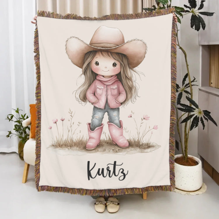 Personalized Cartoon Cowboy Tassel Blanket with Name