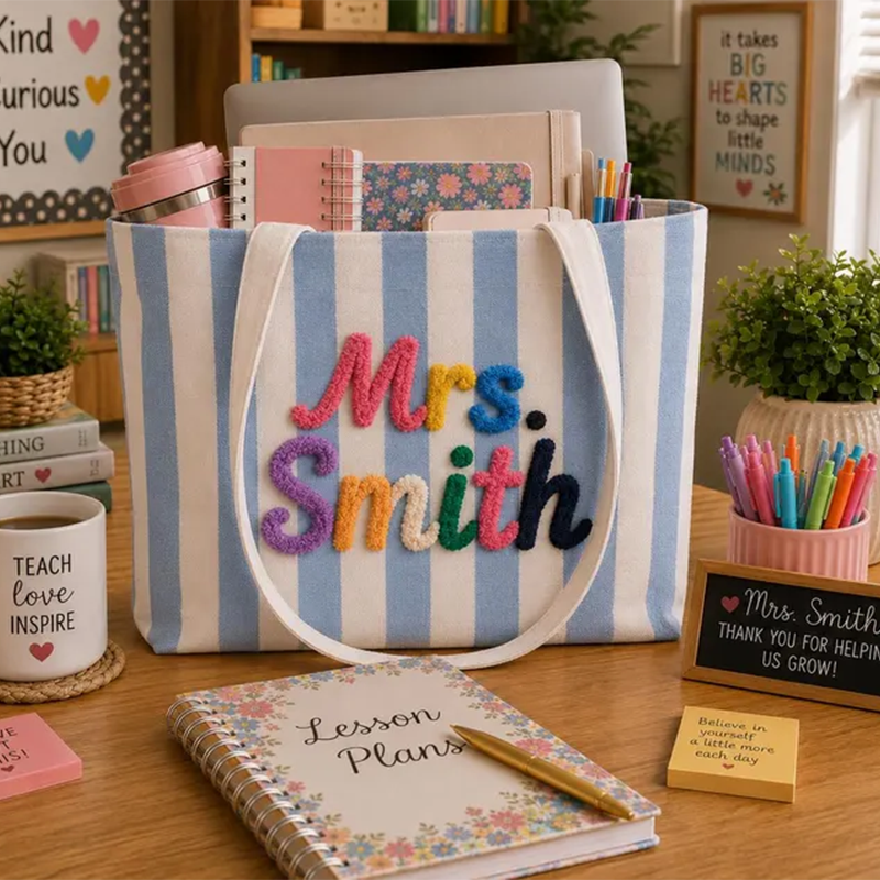 Personalized Teacher Name Tote Bag, Custom Teacher Gift Bag, Teacher Appreciation Gift