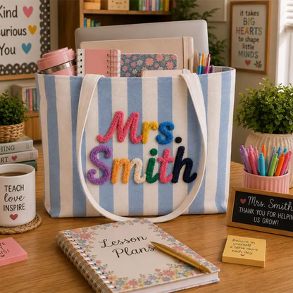 Personalized Teacher Name Tote Bag, Custom Teacher Gift Bag, Teacher Appreciation Gift