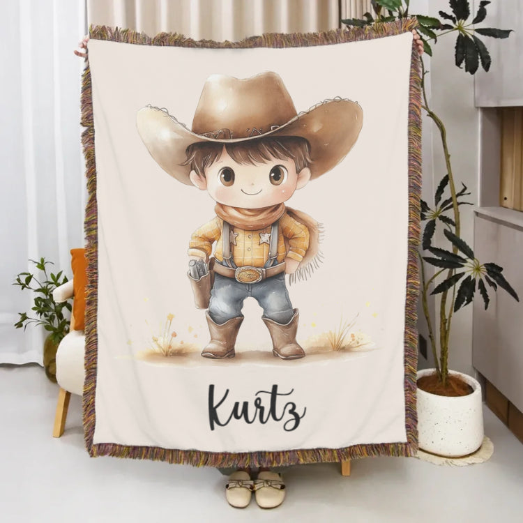 Personalized Cartoon Cowboy Tassel Blanket with Name