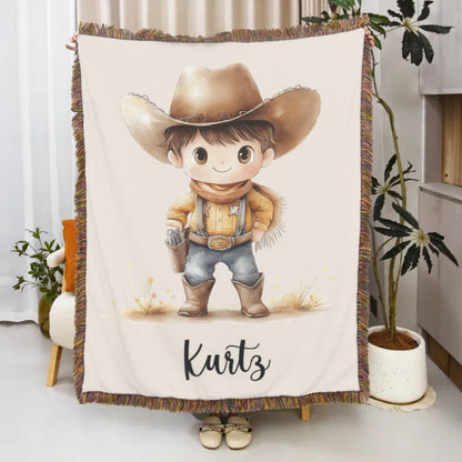 Personalized Cartoon Cowboy Tassel Blanket with Name