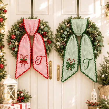 Personalized Christmas Wreath Sash, Pink Stripe Monogram Door Bow