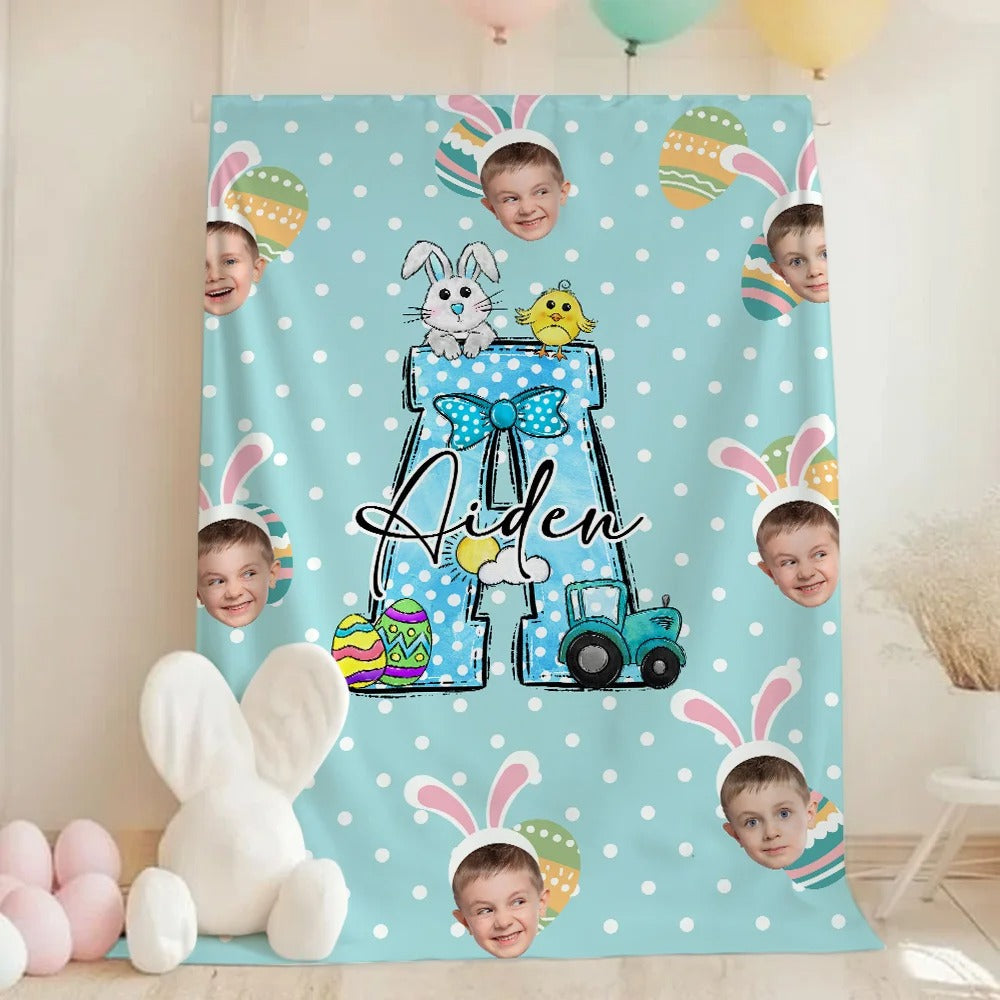 Personalized Colorful Polka Dot Bunny Chick Initial Face Photos Easter Blanket Gift for Kids