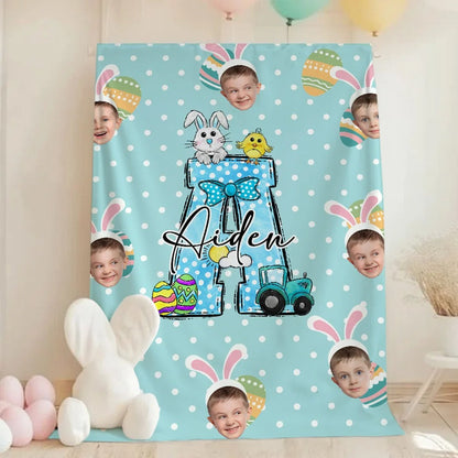Personalized Colorful Polka Dot Bunny Chick Initial Face Photos Easter Blanket Gift for Kids