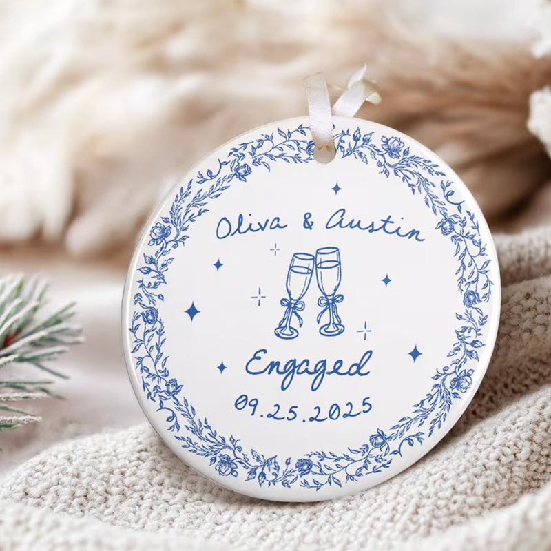 Chinoiserie Ceramic Engagement Ornament: Blue Toile Newlywed Gift