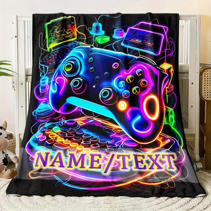 Customizable Gamer's Flannel Blanket with Vibrant Neon Gamepad Design