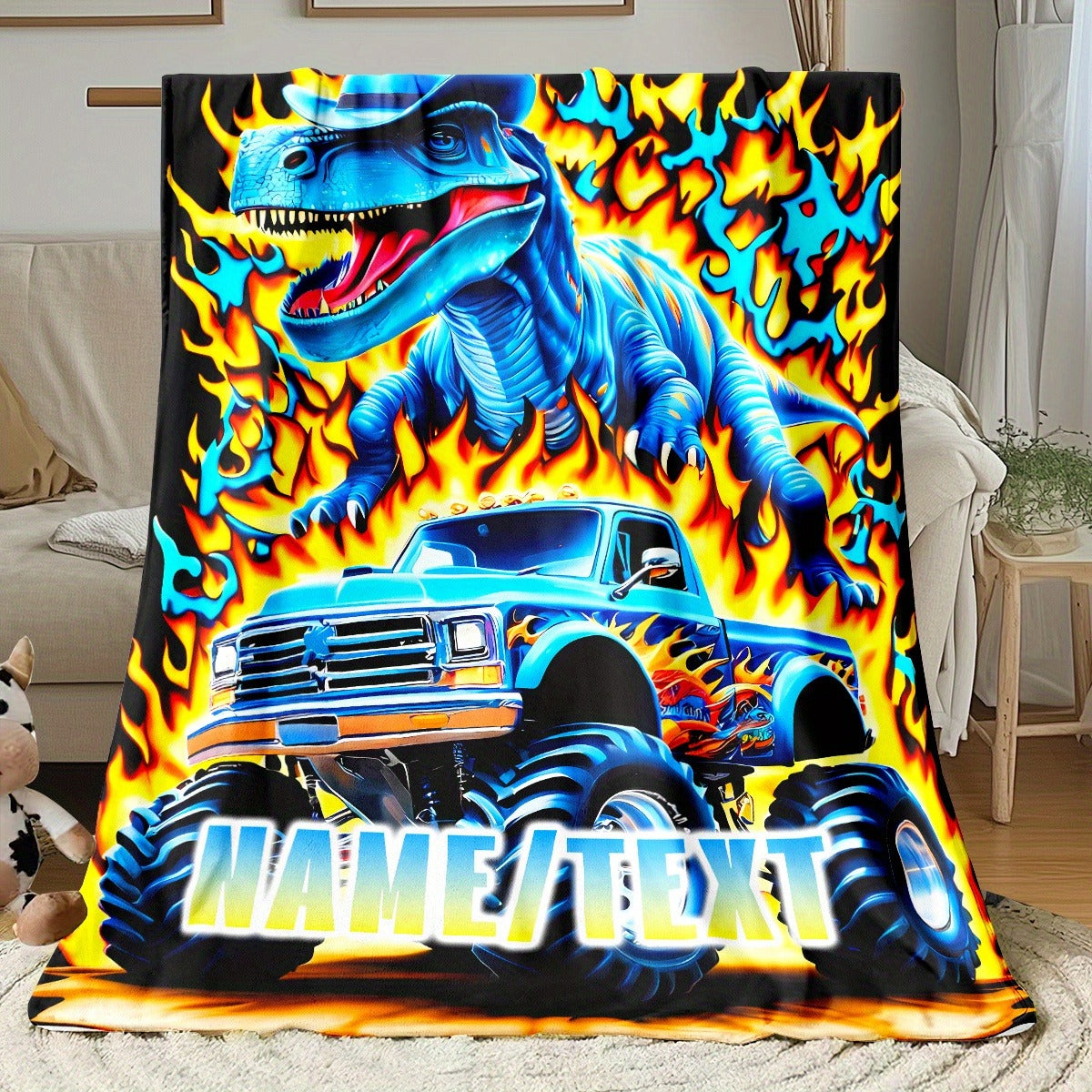 Customizable Dinosaur & Monster Truck Flannel Blanket
