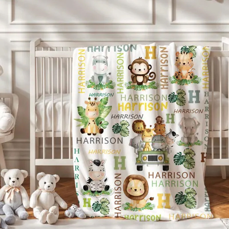 Personalized Safari Animal Blanket Boy, Baby Name Blanket
