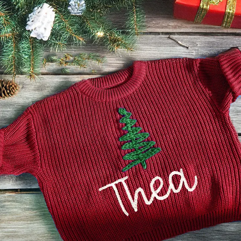 Hand-Embroidered Baby Christmas Sweater, Toddler Holiday Sweater