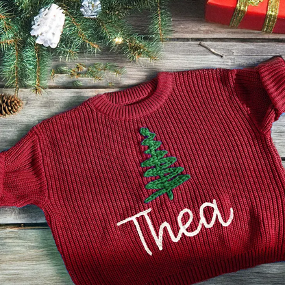 Hand-Embroidered Baby Christmas Sweater, Toddler Holiday Sweater
