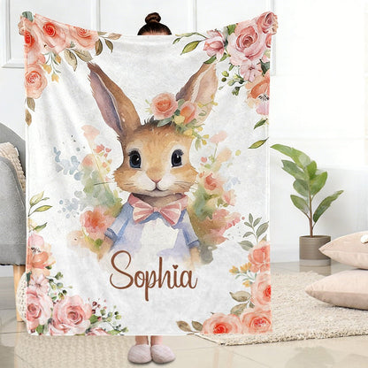 Personalized Baby Girl Blanket: Rose Flower Bunny Rabbit Easter Blanket