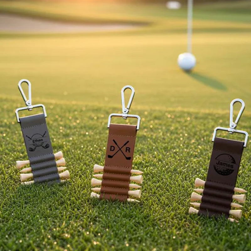 Engraved Leather Golf Bag Tag, Personalized Golf Tee Holder